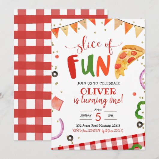 Slice of Fun Pizza Birthday Invitation Kaart (Voorkant / Achterkant)