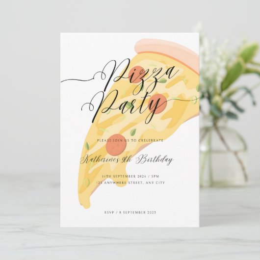Slice of Fun! Waterverf Pizza Party Verjaardag Kaart (Staand voorkant)