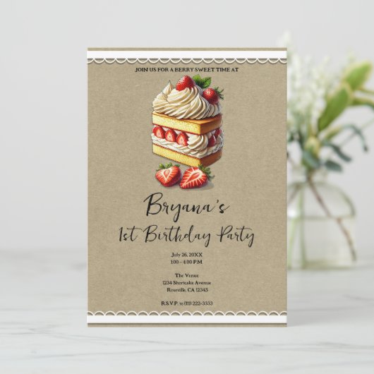 Slice of Strawberry Shortcake 1e 1 verjaardagsfees Kaart (Staand voorkant)