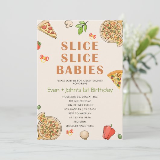 Slice Slice Baby Pizza Baby Twins Verjaardag Kaart (Staand voorkant)
