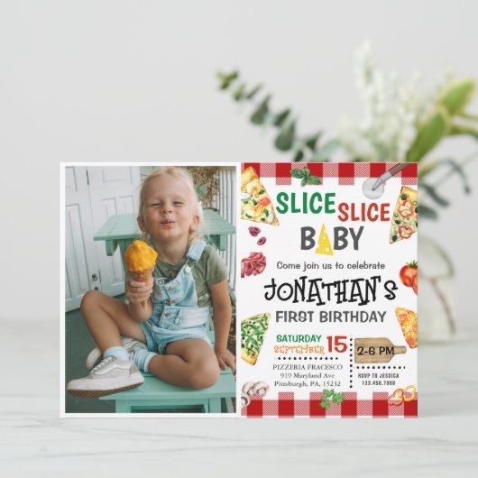 Slice Slice Baby Pizza Party 1e Verjaardag Kaart (Staand voorkant)