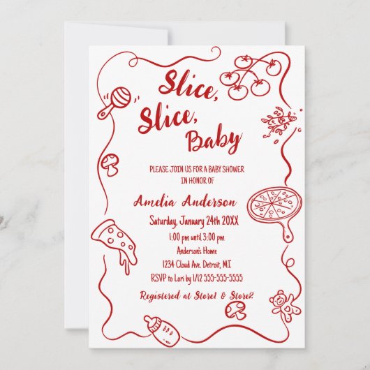 Slice Slice Baby | Red Doodle Pizza Baby Shower Kaart (Voorkant)