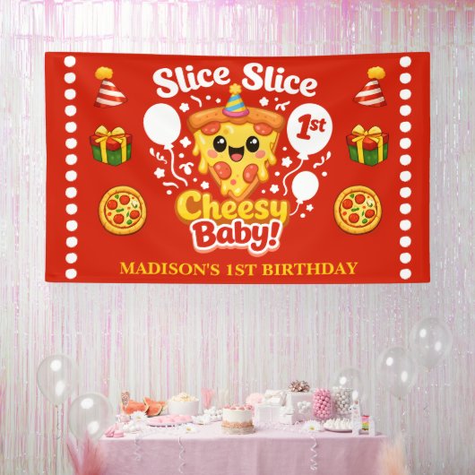 Slice Slice Cheesy Baby Pizza 1e Verjaardag Groot Spandoek (Feest)