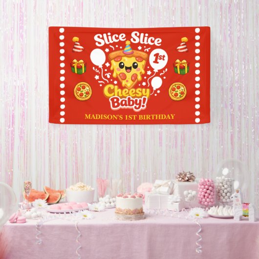 Slice Slice Cheesy Baby Pizza 1st Birthday Medium Spandoek (Feest)