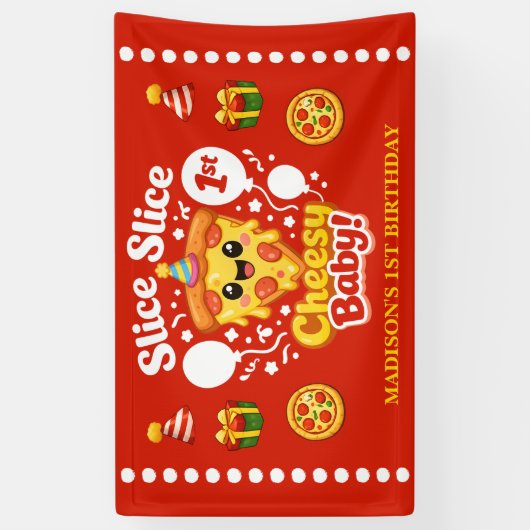 Slice Slice Cheesy Baby Pizza 1st Birthday Medium Spandoek (Verticaal)