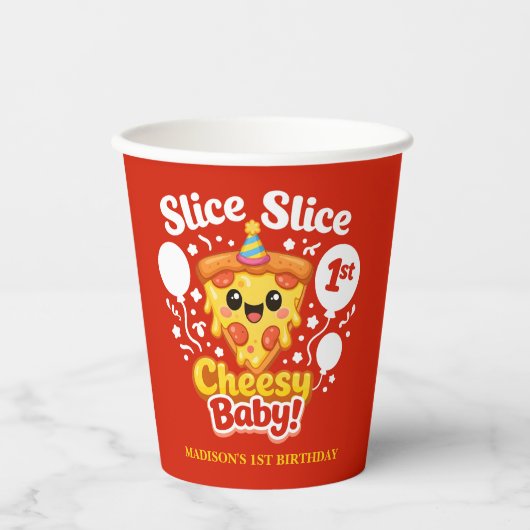 Slice Slice Cheesy Baby Pizza 1st Birthday Papieren Bekers (Voorkant)