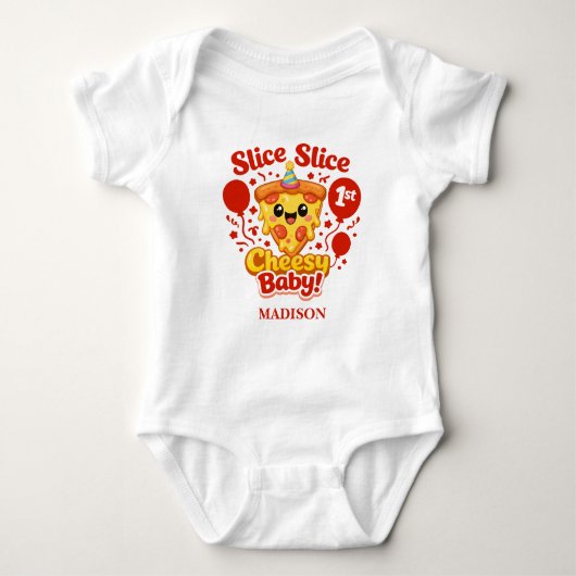 Slice Slice Cheesy Baby Pizza 1st Birthday Romper (Voorkant)