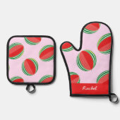 Sliced watermelon pattern on pink ovenwant & pannenlap set (Voorkant)