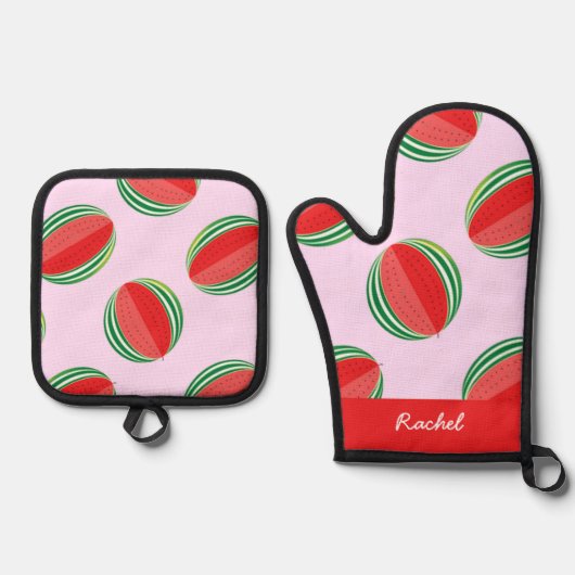 Sliced watermelon pattern on pink ovenwant & pannenlap set (Voorkant)