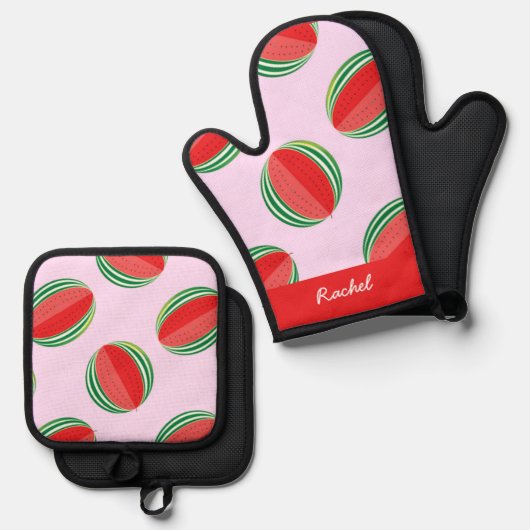 Sliced watermelon pattern on pink ovenwant & pannenlap set (Voorkant / Achterkant)