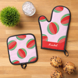 Sliced watermelon pattern on pink ovenwant & pannenlap set