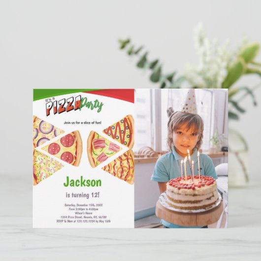 Slices Pizza Verjaardag Uitnodigingen met Foto (Staand voorkant)