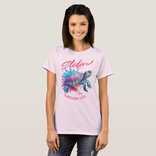 Slidin' Through Life Turtle Kleurrijke Waterverf T-shirt (Voorkant volledig)
