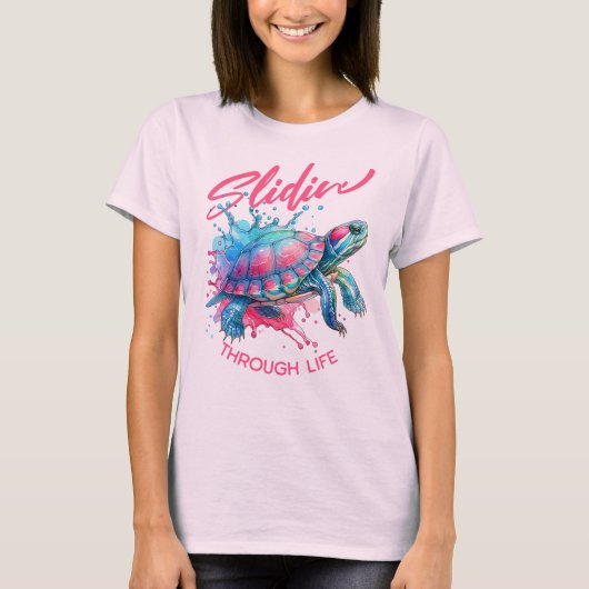 Slidin' Through Life Turtle Kleurrijke Waterverf T-shirt (Voorkant)