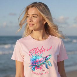 Slidin' Through Life Turtle Kleurrijke Waterverf T-shirt