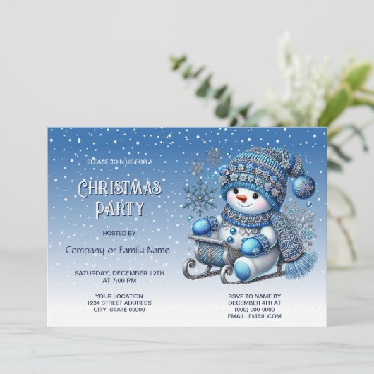 Sliding Snowman kerstfeest uitnodiging (Staand voorkant)