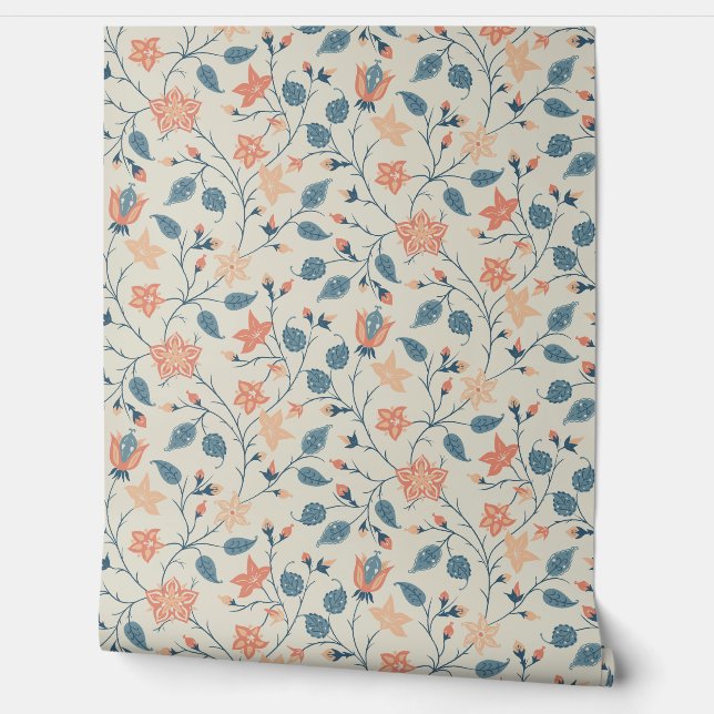 Slierend Bloemmotief - Paisley - Perzik en Stofbla Behang (Afrollen)