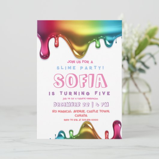 Slijmpartij Uitnodiging Kleurrijke Slijm Verjaarda (Staand voorkant)