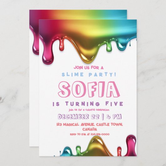 Slijmpartij Uitnodiging Kleurrijke Slijm Verjaarda (Voorkant / Achterkant)