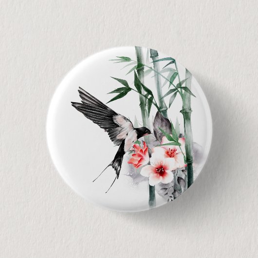 Slik door met Bamboe en bloemen Ronde Button 3,2 Cm (Voorkant)