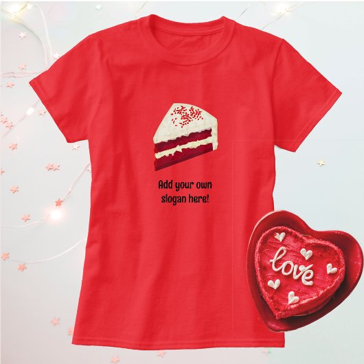 Slik van de rode klvet-kake-dessert met uw slogan t-shirt