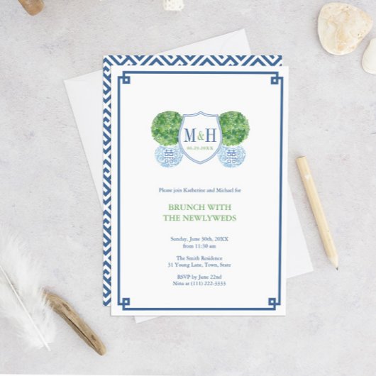 Slim Blauw & Groen Monogram Brunch Met Jonggehuwde Kaart