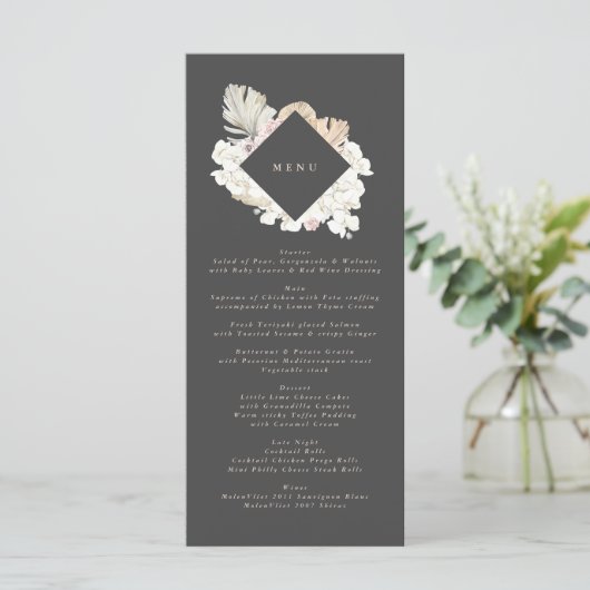Slim Charcoal Cream Pampas Grass Floral Wedding Menu (Staand voorkant)