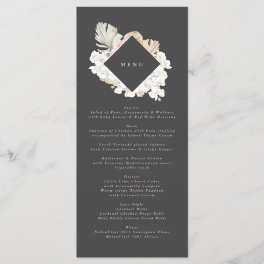 Slim Charcoal Cream Pampas Grass Floral Wedding Menu (Voorkant)
