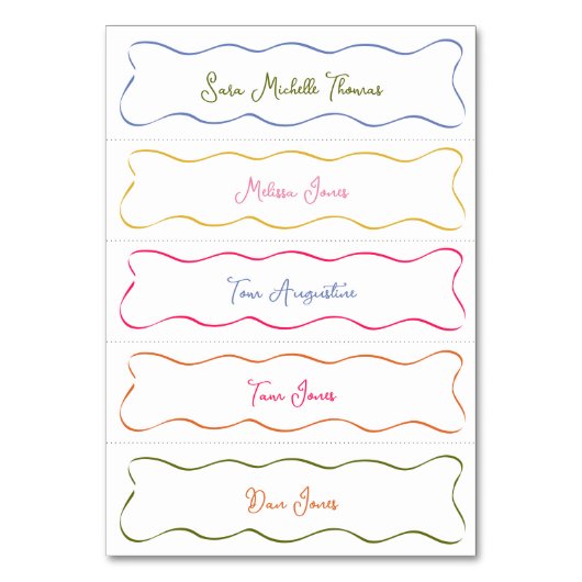 Slim Hand Getrokken Kleurrijke Curvy Wedding Place Kaart (Voorkant)