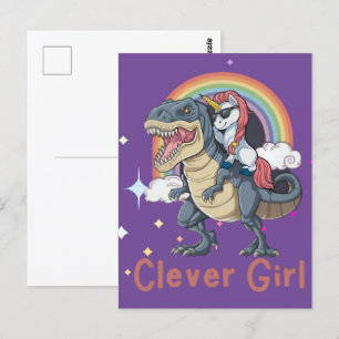 Slim Meisje- Eenhoorn Riding Dinosaur Edition Briefkaart