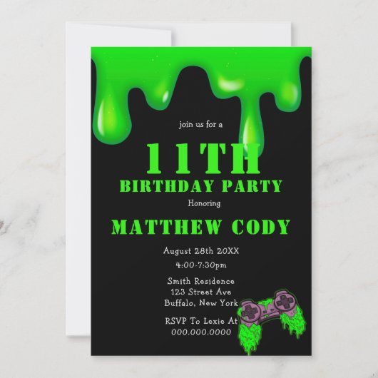 Slime and Games Boy 11th Birthday Party nodigt (Voorkant)