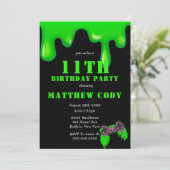 Slime and Games Boy 11th Birthday Party nodigt (Staand voorkant)