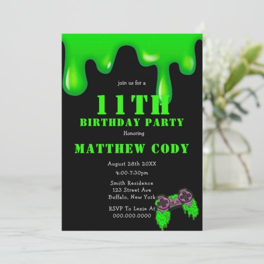 Slime and Games Boy 11th Birthday Party nodigt (Staand voorkant)