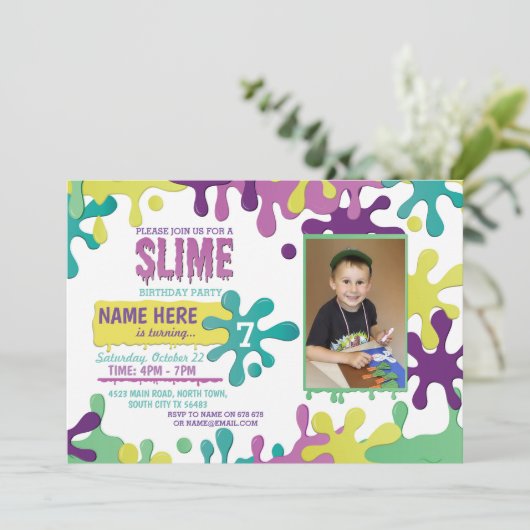 Slime Birthday Party Driving Photo Invite 6 7 8 9 Kaart (Staand voorkant)