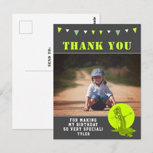 Slime Monster Groene Kinder Foto Verjaardag Dank u Briefkaart (Voorkant / Achterkant)