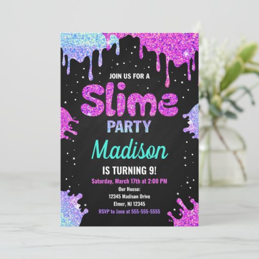 Slime Party Birthday Invitation Glitter Kaart (Staand voorkant)