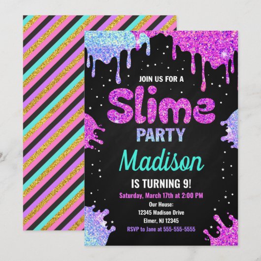 Slime Party Birthday Invitation Glitter Kaart (Voorkant / Achterkant)
