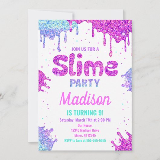 Slime Party Verjaardag Uitnodiging Glitter (Voorkant)