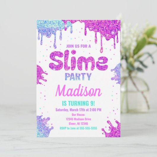 Slime Party Verjaardag Uitnodiging Glitter (Staand voorkant)