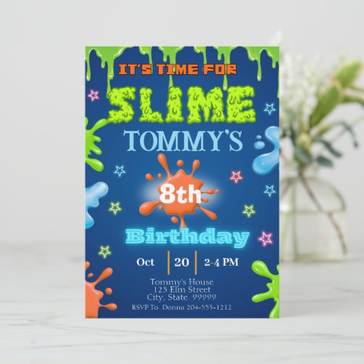 Slime uitnodiging voor verjaardagsfeestje (Staand voorkant)