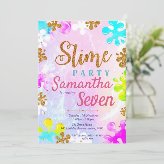 Slime uitnodiging voor verjaardagsfeestje (Staand voorkant)
