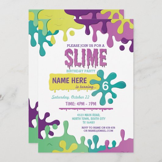 Slime Verjaardag Druppelende Meisjes Roze Uitnodig Kaart (Voorkant / Achterkant)