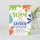 Slime Verjaardag Uitnodiging Groen, Blauw en Sinaa (Staand voorkant)