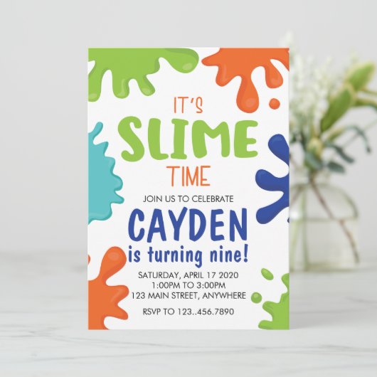 Slime Verjaardag Uitnodiging Groen, Blauw en Sinaa (Staand voorkant)