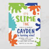 Slime Verjaardag Uitnodiging Groen, Blauw en Sinaa (Voorkant / Achterkant)