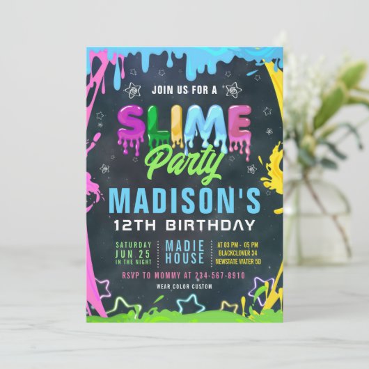 Slime Verjaardagsfeestje bewerkbare Sjabloon Uitno Kaart (Staand voorkant)