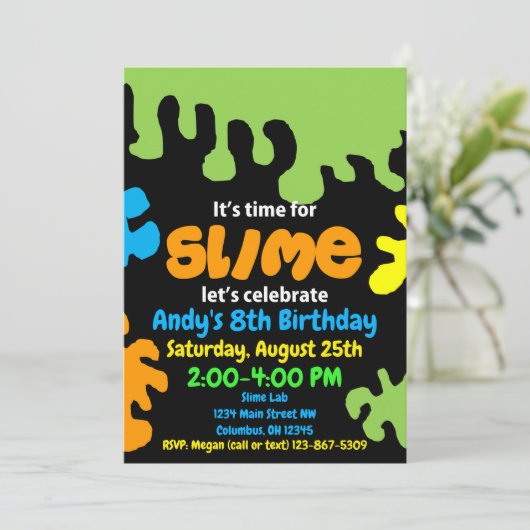 Slime verjaardagsfeestuitnodiging; slijmlab; jonge kaart (Staand voorkant)