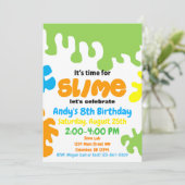 Slime verjaardagsfeestuitnodiging; slijmlab; jonge kaart (Staand voorkant)