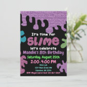 Slime verjaardagsfeestuitnodiging; slijmlab; meisj kaart (Staand voorkant)