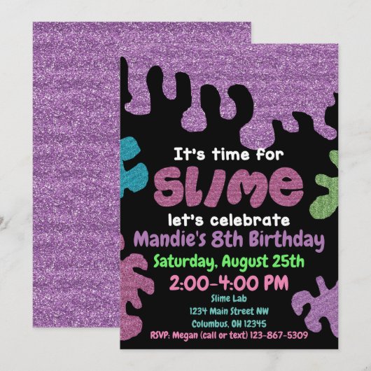 Slime verjaardagsfeestuitnodiging; slijmlab; meisj kaart (Voorkant / Achterkant)